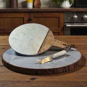 Marble and Wood Cheese Board with Knife